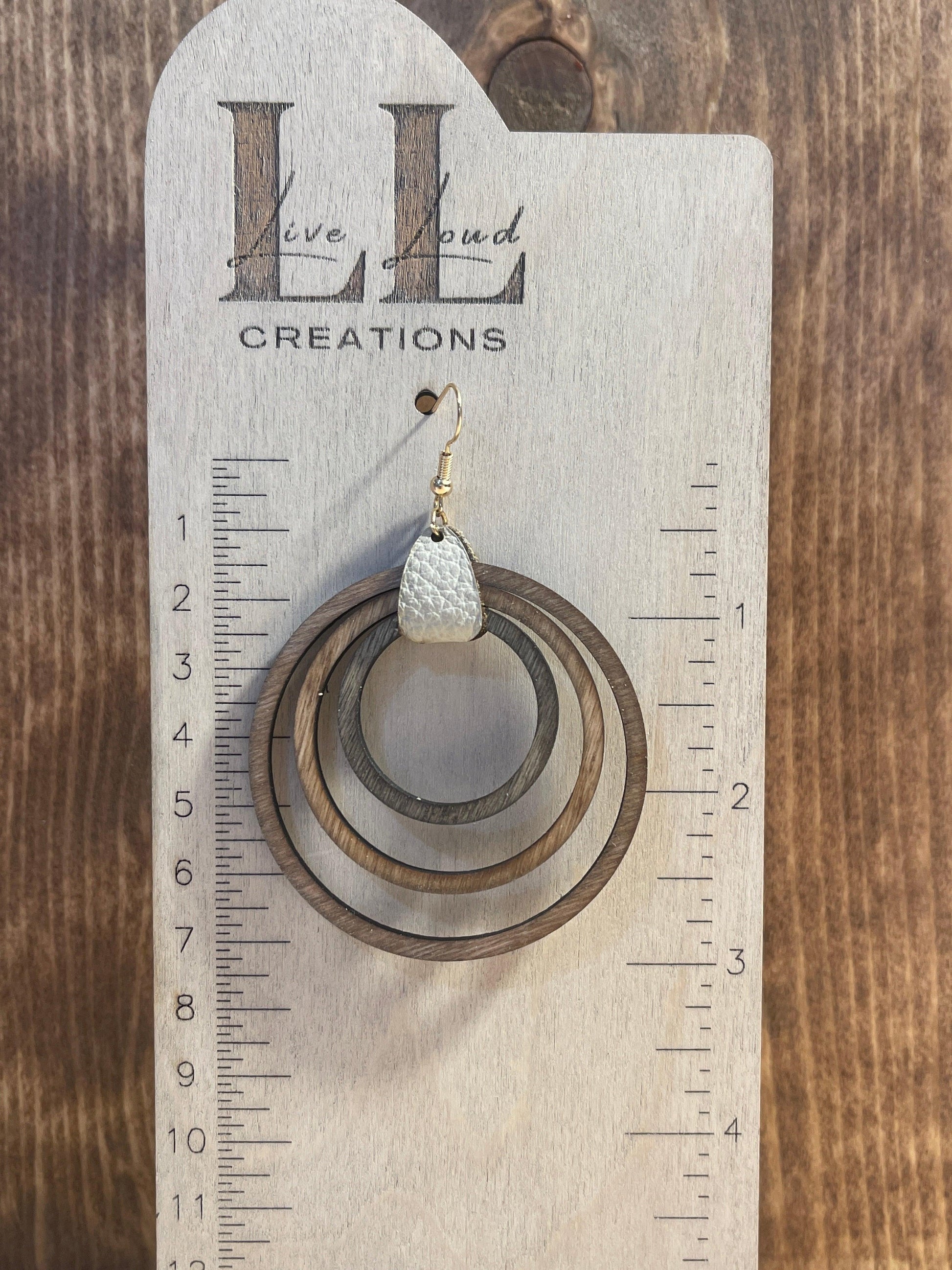 Wood earring triple circles with connector and cream leather tab - Live Loud Creations