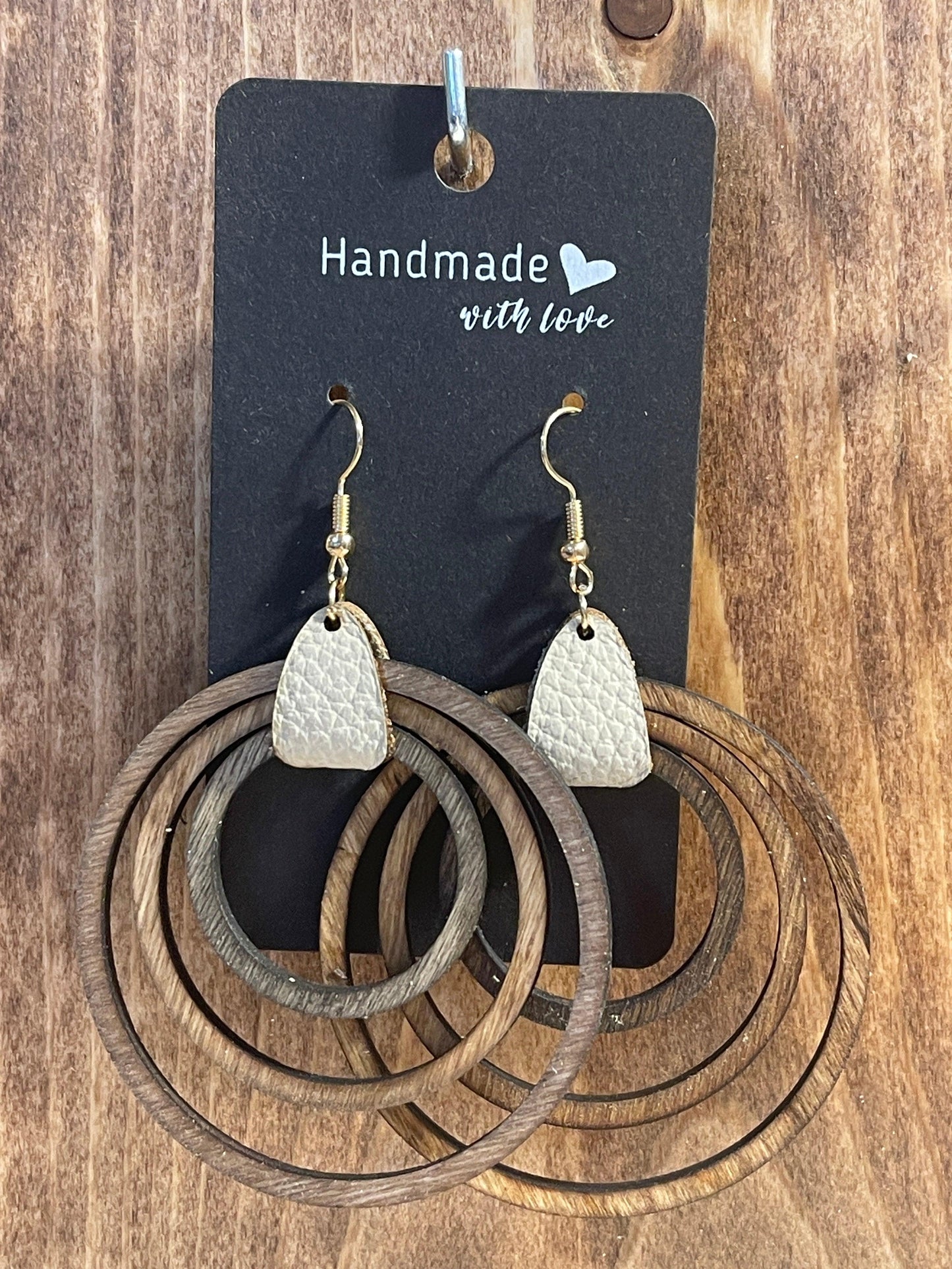 Wood earring triple circles with connector and cream leather tab - Live Loud Creations